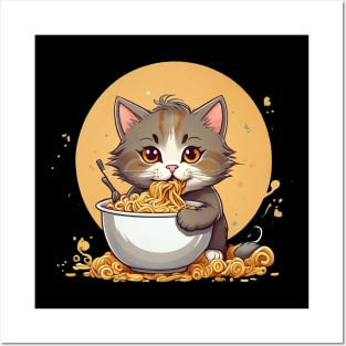 Cat eating noodles Posters and Art